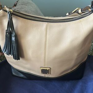 Dooney & Bourke Cream and Black Hobo Bag with Tassel
